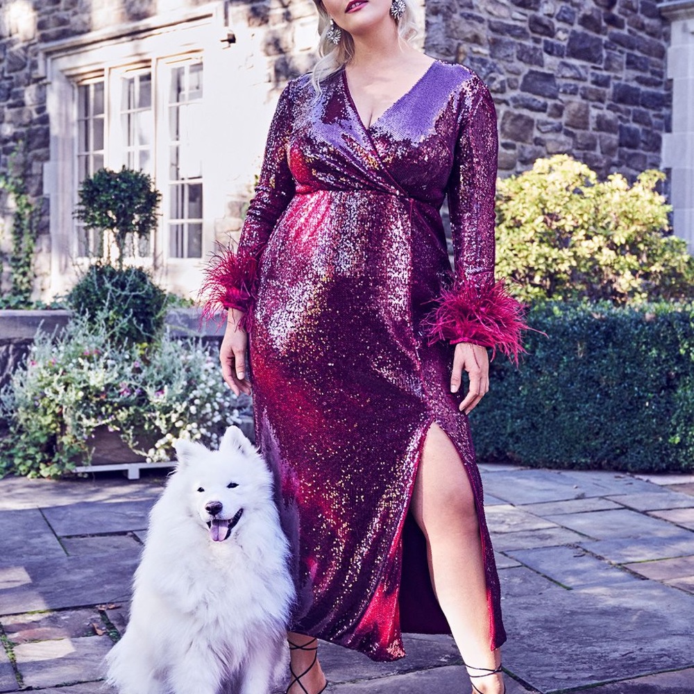 Eloquii sequin Gown with feather trim.